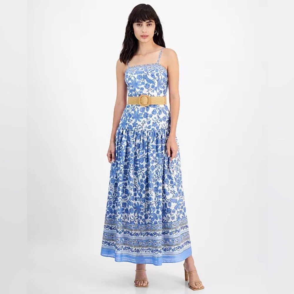Taylor Toile 100% Cotton Square Neck Sleeveless Belted Dress, Size 10